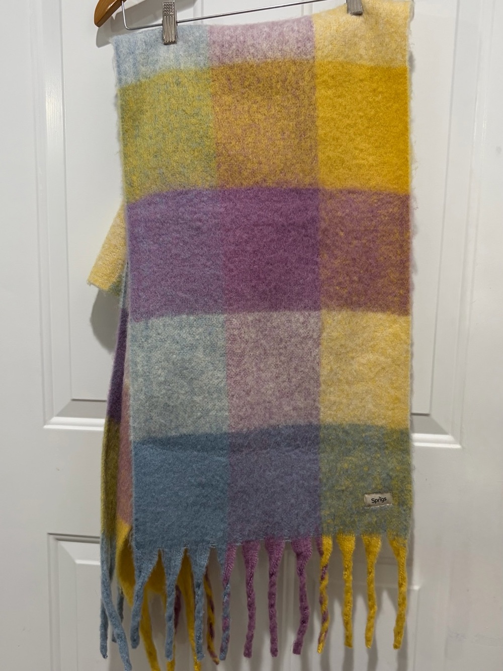 Pastel Plaid Fringe Scarf in Yellow, Purple & Blue - Sprig, 82”